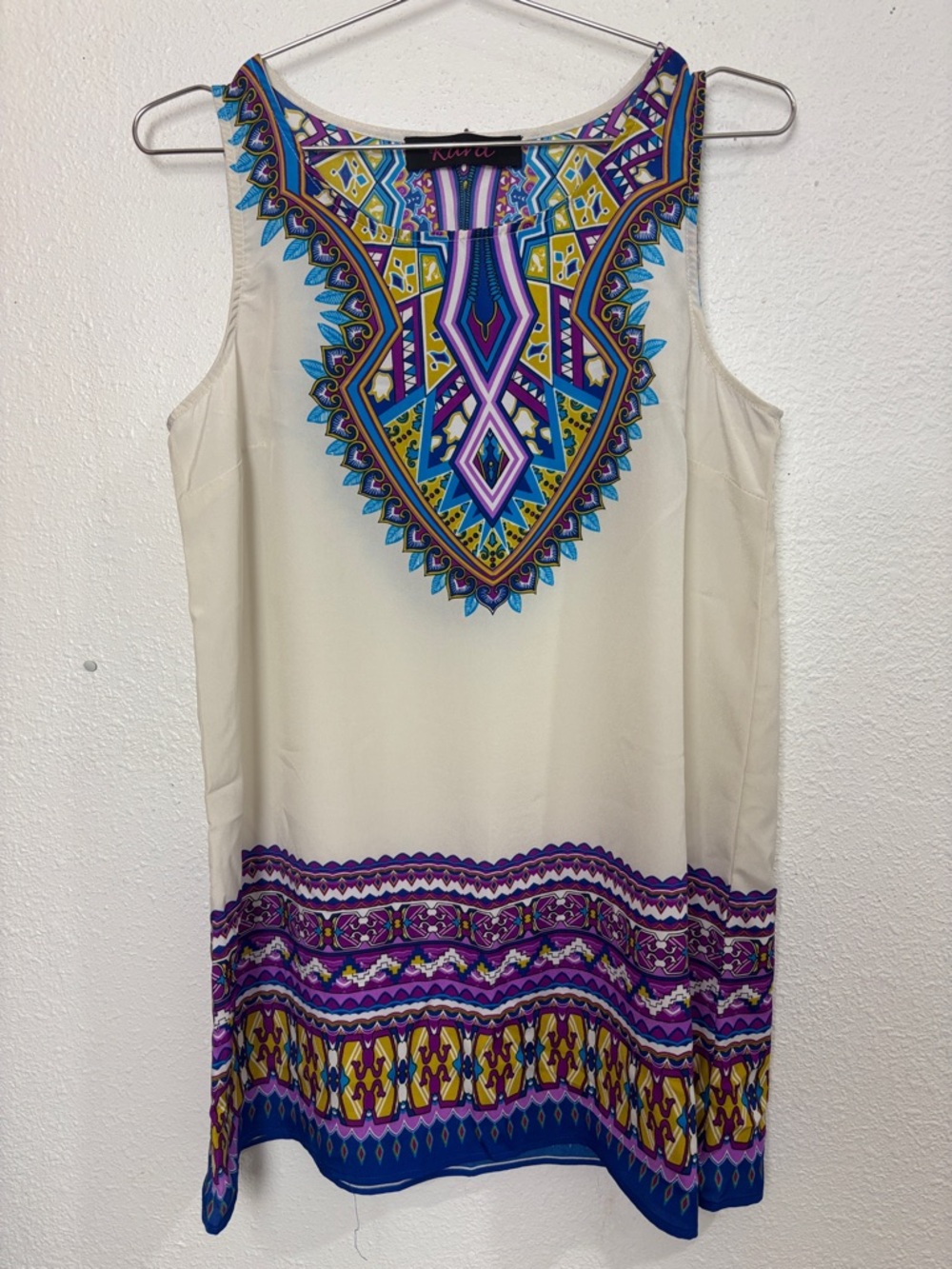 Kiara Cream Tank Top with Purple, Blue & Yellow Geometric Print